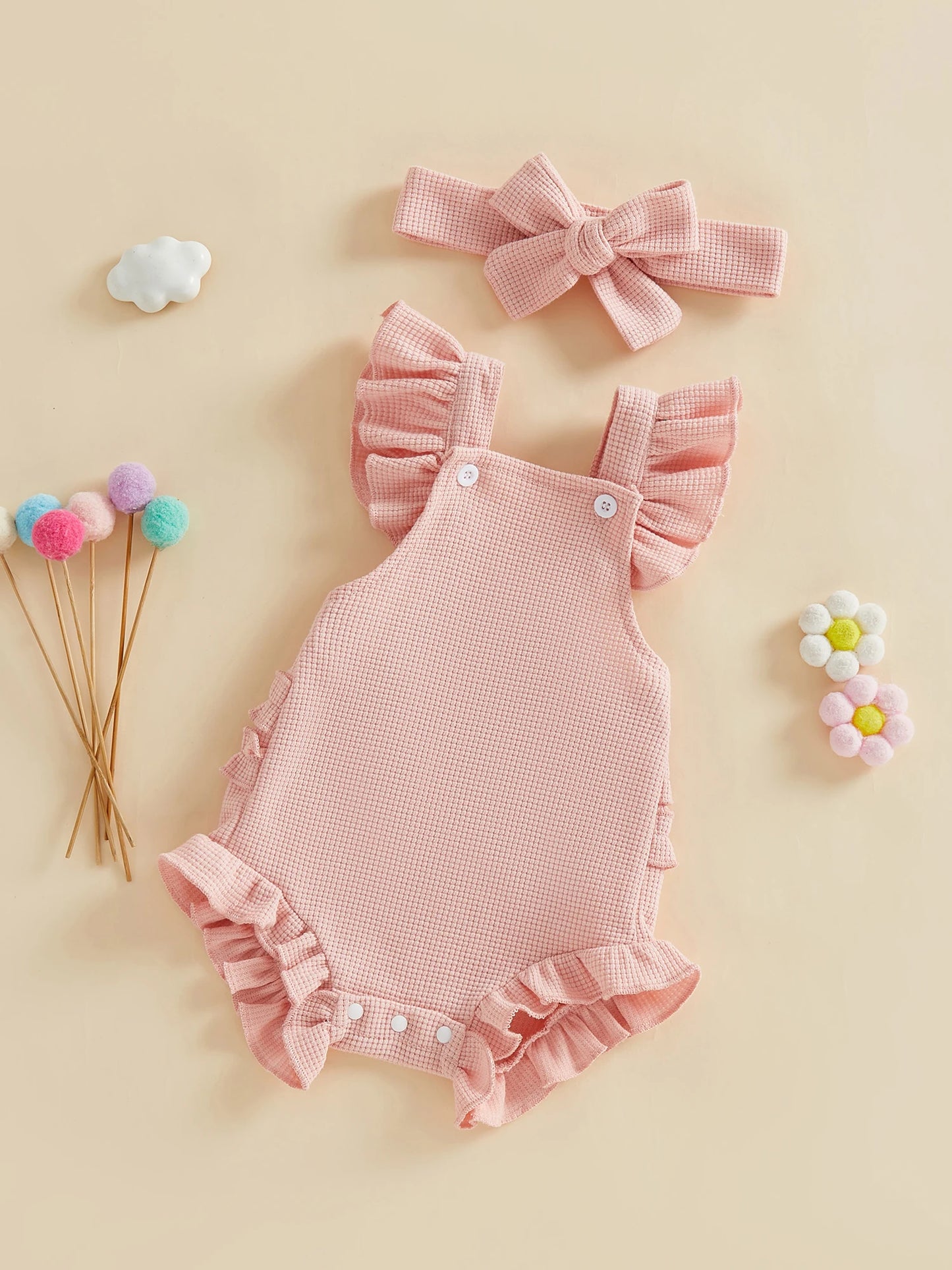 Baby Girl 2Pcs Spring Summer Outfits Ruffle Sleeveless Solid Color Romper with Headband Set