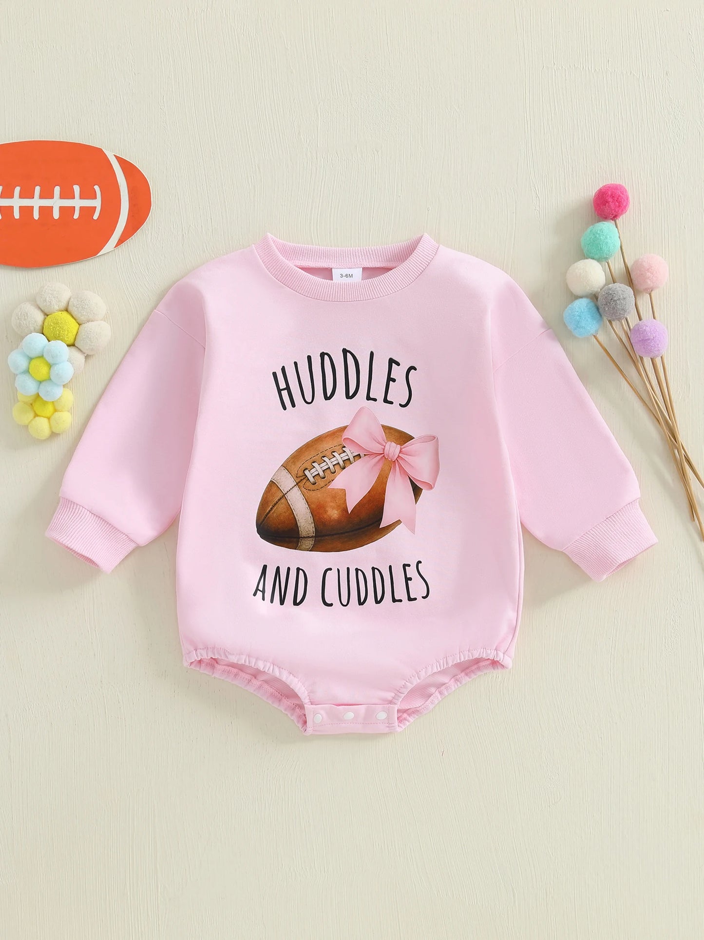Baby Girl Huddles and Cuddles Bubble Romper Long Sleeve Crew Neck Bow Football Print Bodysuit Clothes