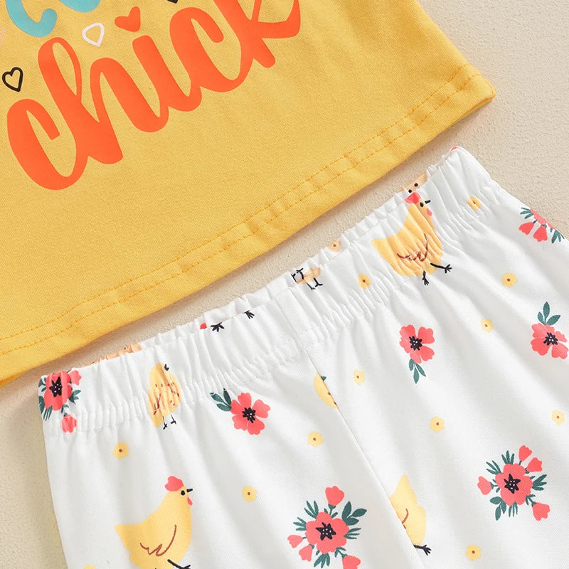 Baby Toddler Girls 2Pcs One Cute Chick Summer Outfit Fly Short Sleeve Top + Chicken Print Flare Pants Set