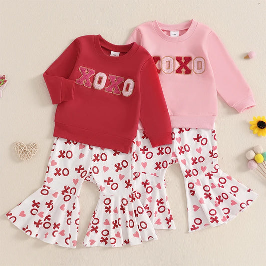 Baby Toddler Girls 2Pcs XOXO Valentine's Day Outfit Letter Embroidery Long Sleeve Crewneck Top with Heart Pattern Flare Pants Valentines Set