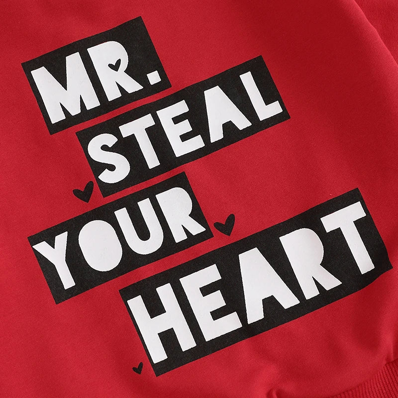 Baby Toddler Boys 2Pcs Mr. Steal Your Heart Outfit Long Sleeve Letters Print Crewneck Top with Pants Valentine’s Day Jogger Set