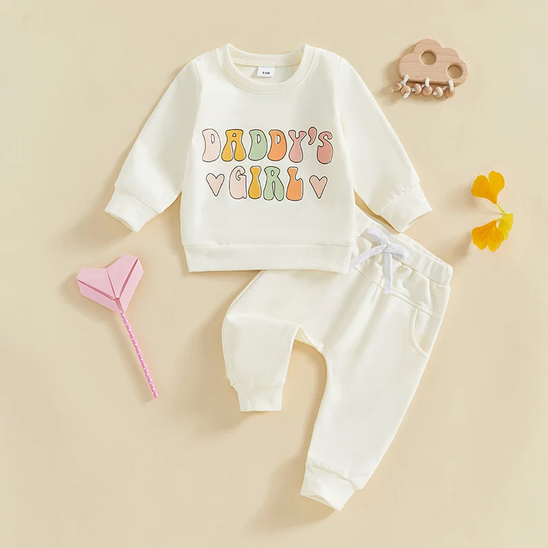 Baby Toddler Girls 2Pcs Daddy's Girl Outfit Long Sleeve Letters Heart Print Crewneck Top Pants Jogger Set