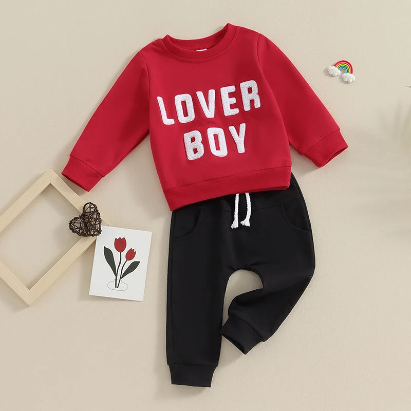 Baby Toddler Boys 2Pcs Valentine’s Day Outfit Long Sleeve Letters Lover Boy Crew Neck Top + Jogger Pants Set