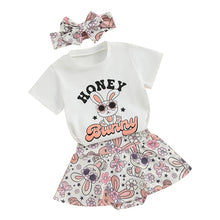 Load image into Gallery viewer, Baby Girl 3Pcs Easter Outfit Honey Bunny Letter Printed Short Sleeve Top Ruffles Bloomers Shorts Skirt Bow Headband Set
