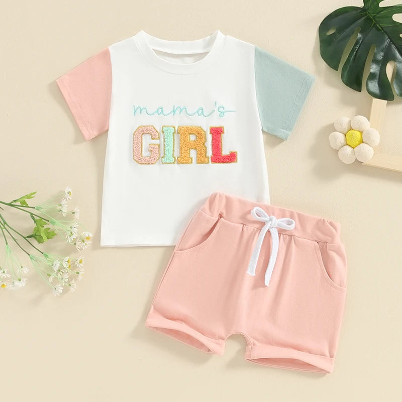 Baby Toddler Girl 2Pcs Mama's Girl Letter Embroidery Short Sleeve Round Neck Top with Solid Color Shorts Set