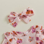 Baby Girl 2Pcs Halloween Outfit Pumpkin Ruffle Trim Long Sleeve Romper Tie-up Headband Cotton Linen Set