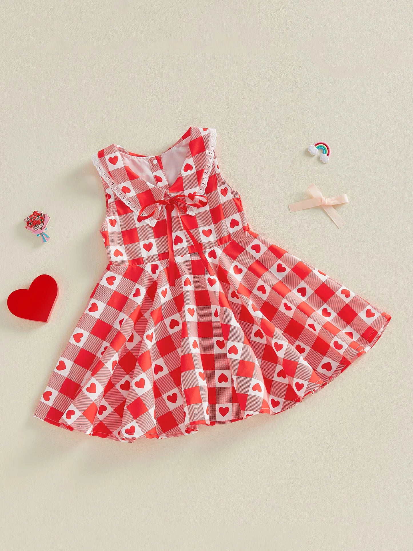 Baby Toddler Kids Girls Valentine's Day Dress Summer Sleeveless Lapel Plaid Heart Print Sweet A-Line Sundress