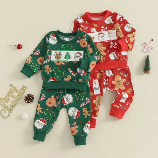 Baby Toddler Boys Girls 2Pcs Christmas Santa Claus Milk Reindeer Print Long Sleeve Top with Elastic Waist Paints 2piece Outfit Jogger Set