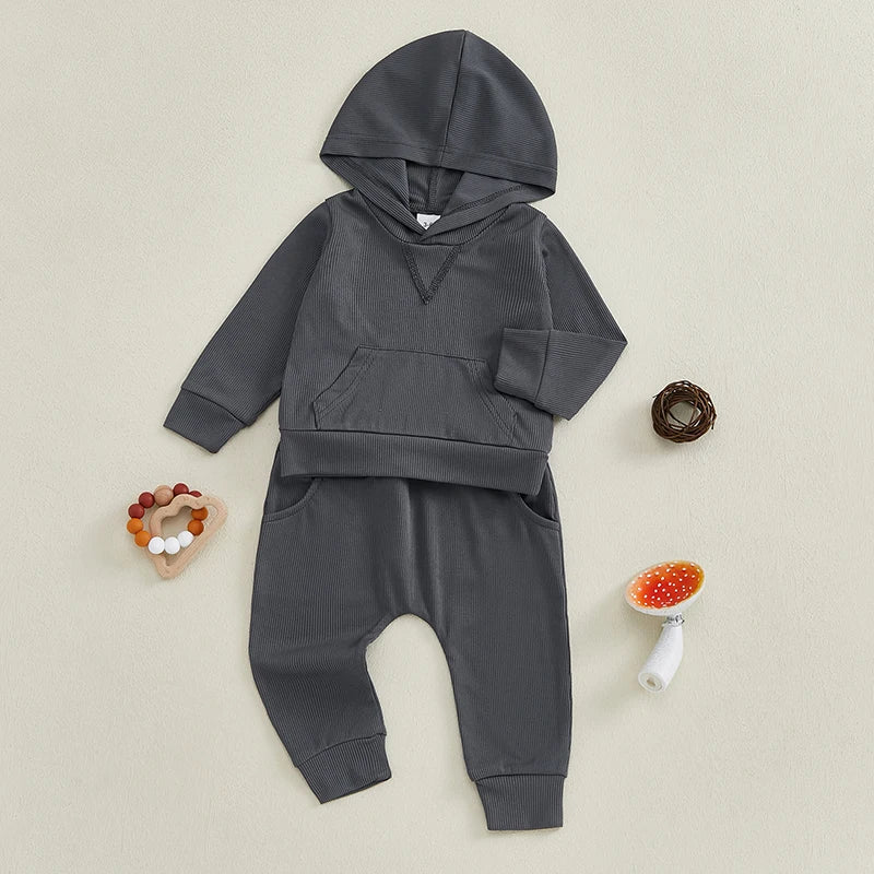 Baby Toddler Boys Girls Fall Outfit Ribbed Long Sleeve Hooded Top and Elastic Waist Pants Jogger Set