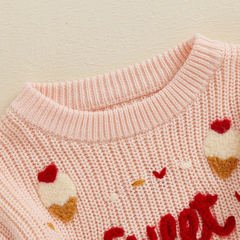 Baby Toddler Girls Valentine's Day Sweater Long Sleeve Round Neck Ice Cream Heart Letters Sweet Embroidery Knit Pullover Top Valentines