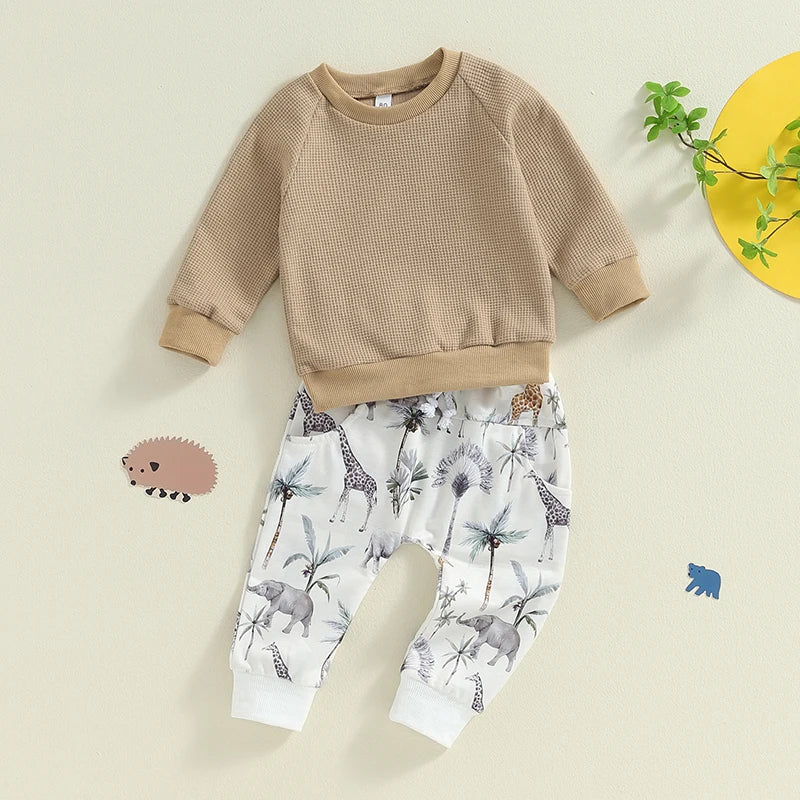 Baby Toddler Boys 2Pcs Fall Outfit Waffle Long Sleeve Round Neck Top and Animal Elephant Dinosaur Pattern Pants Set