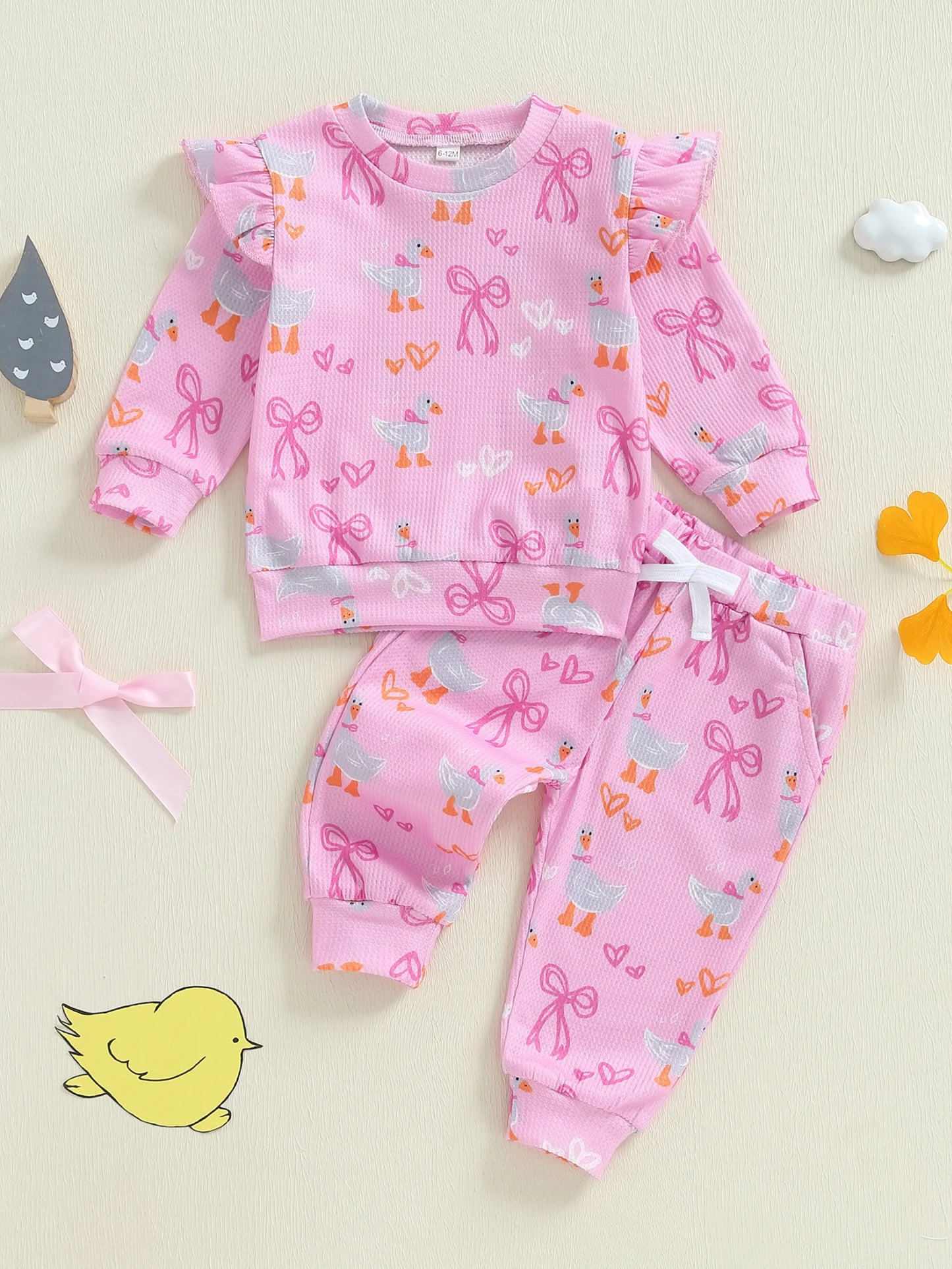 Baby Toddler Girls 2Pcs Fall Outfit Goose Bow Print Long Sleeve Round Neck Pullover Elastic Waist Pants Jogger Set