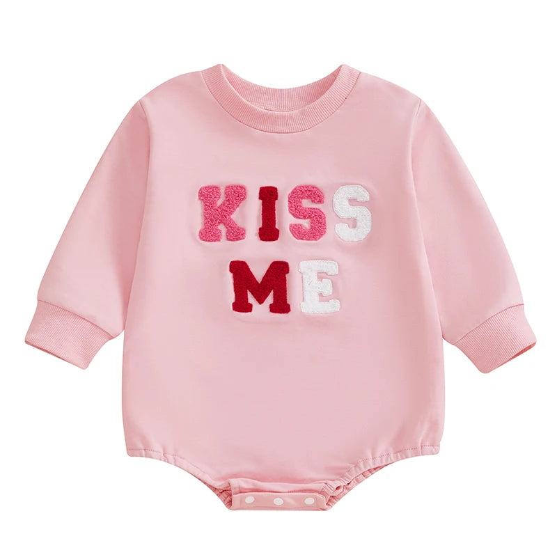 Baby Girls Bubble Romper Valentine's Day Be Mine / Kiss Me / Sweet Heart Letter Embroidered Long Sleeve Jumpsuit Valentines