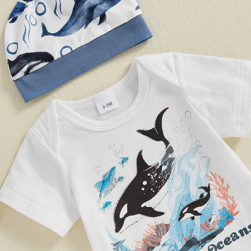 Baby Boy 3Pcs Protect Our Oceans Outfit Letter Sea Animal Dolphin Whale Print Short Sleeve Romper and Elastic Pants Beanies Hat Set