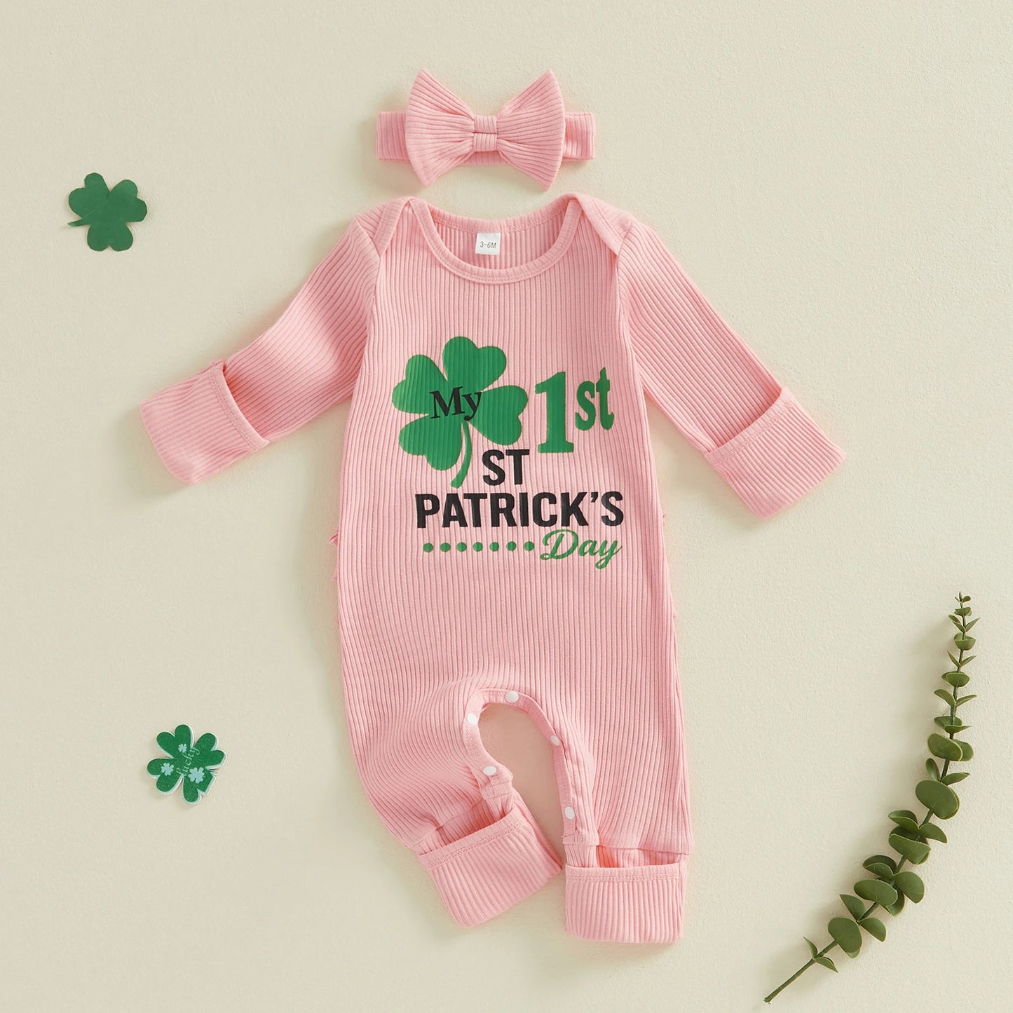 Baby Girls 2Pcs My 1st St. Patrick's Day Irish Romper Clover Letter Print Long Sleeve Round Neck Ribbed Jumpsuit with Bow Headband Set