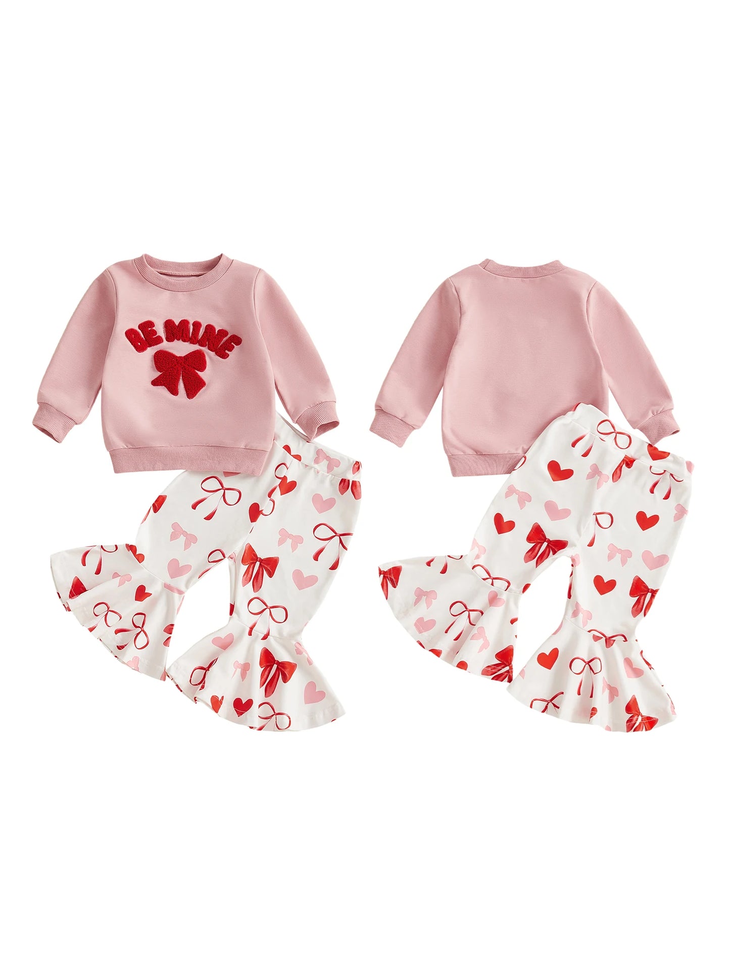 Baby Toddler Girls 2Pcs XOXO Be Mine Valentine's Day Outfit Bow Embroidery Long Sleeve Pullover Top with Bell Bottoms Clothing Set