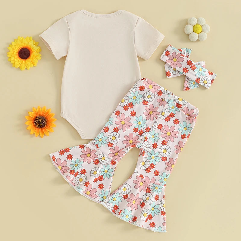 Baby Girls 3Pcs In My Mama's Bestie Era Letter Flower Print Short Sleeve Bodysuit + Flare Pants + Headband Outfit Set