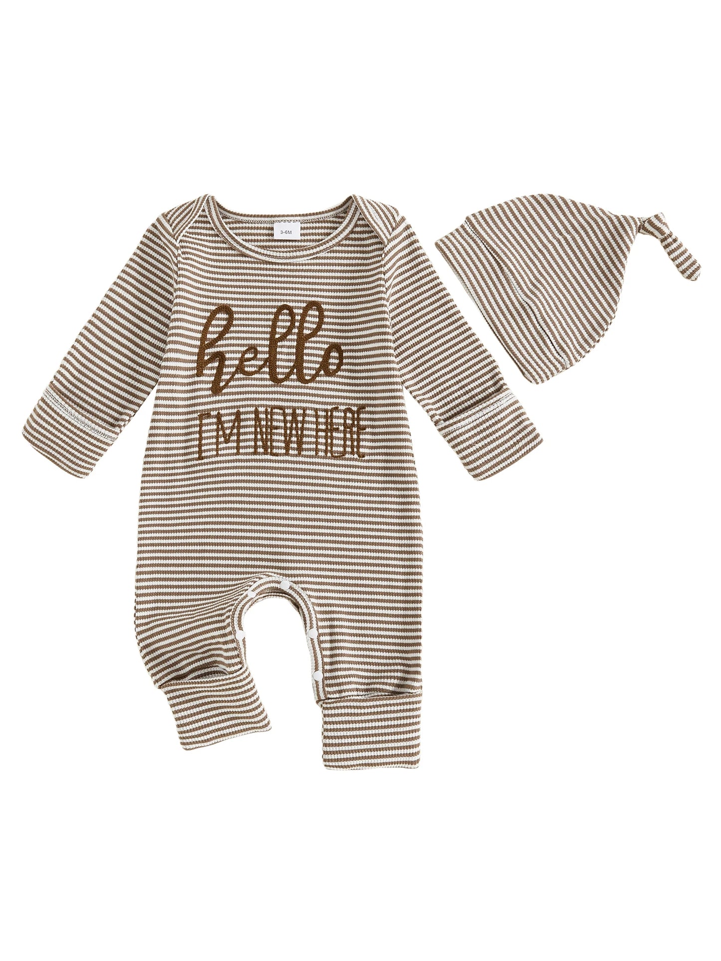 Baby Boy 2Pcs Striped Hello I'm New Here Romper Letters Embroidery Round Neck Long Sleeve Jumpsuit with Hat Set