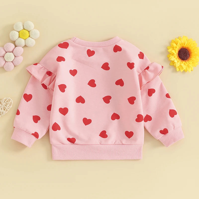 Baby Toddler Girl Valentine's Day Long Sleeve Ruffle Heart Print Pullover Top