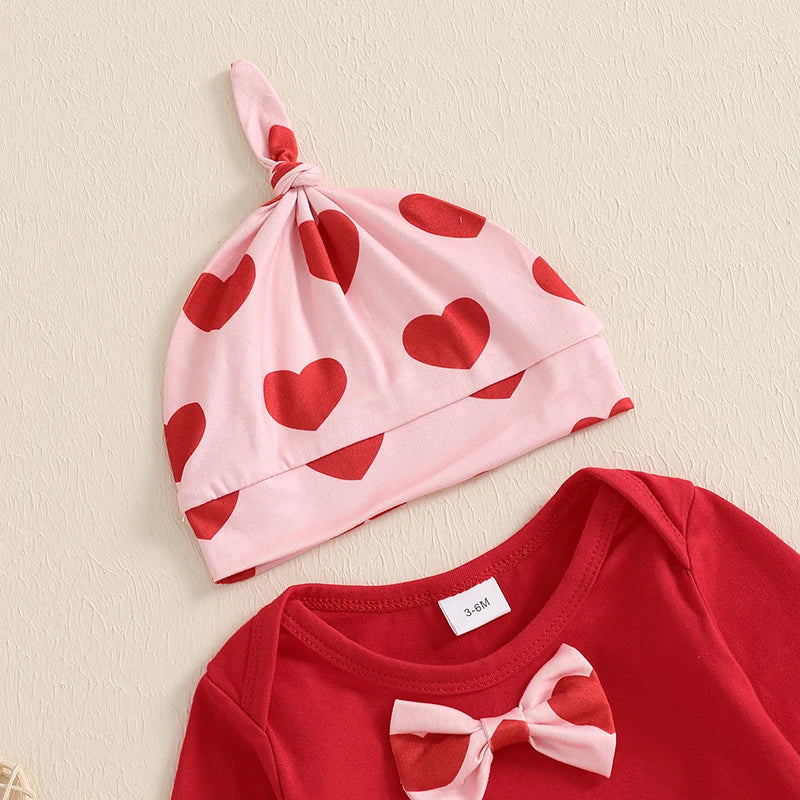 Baby Boys Girls 3Pcs Valentine’s Day Outfit Long Sleeve Romper with Bowtie Suspender Pants Hat Set Valentines