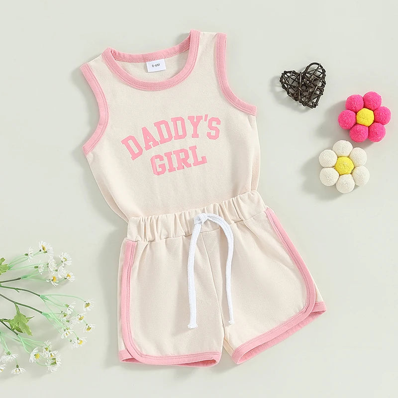 Baby Toddler Girl 2Pcs Daddy's Girl Sleeveless Letter Print Tank Top + Elastic Waist Shorts Outfit Set Father's Day