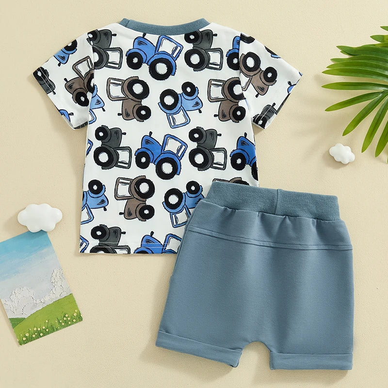 Baby Toddler Boy 2Pcs Summer Outfit Truck Tractor Print Short Sleeve Pocket Top with Solid Color Shorts Set