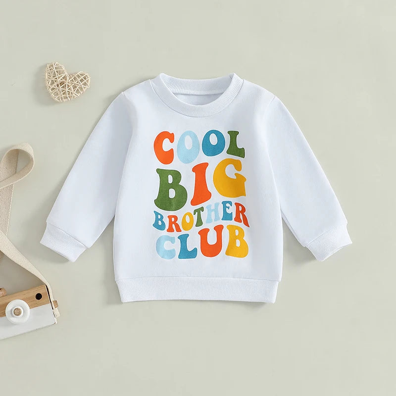 Toddler Kids Boys Cool Big Brother Club Fall Colorful Letter Print Long Sleeve Round Neck Pullover Loose Fall Top