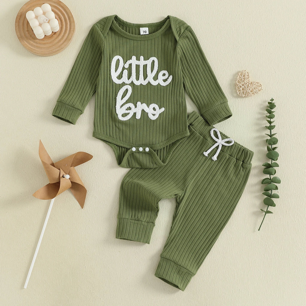 Baby Boy 2Pcs Fall Clothes Letter Little Bro Embroidery Long Sleeve Romper Solid Long Jogger Pants Outfit Set