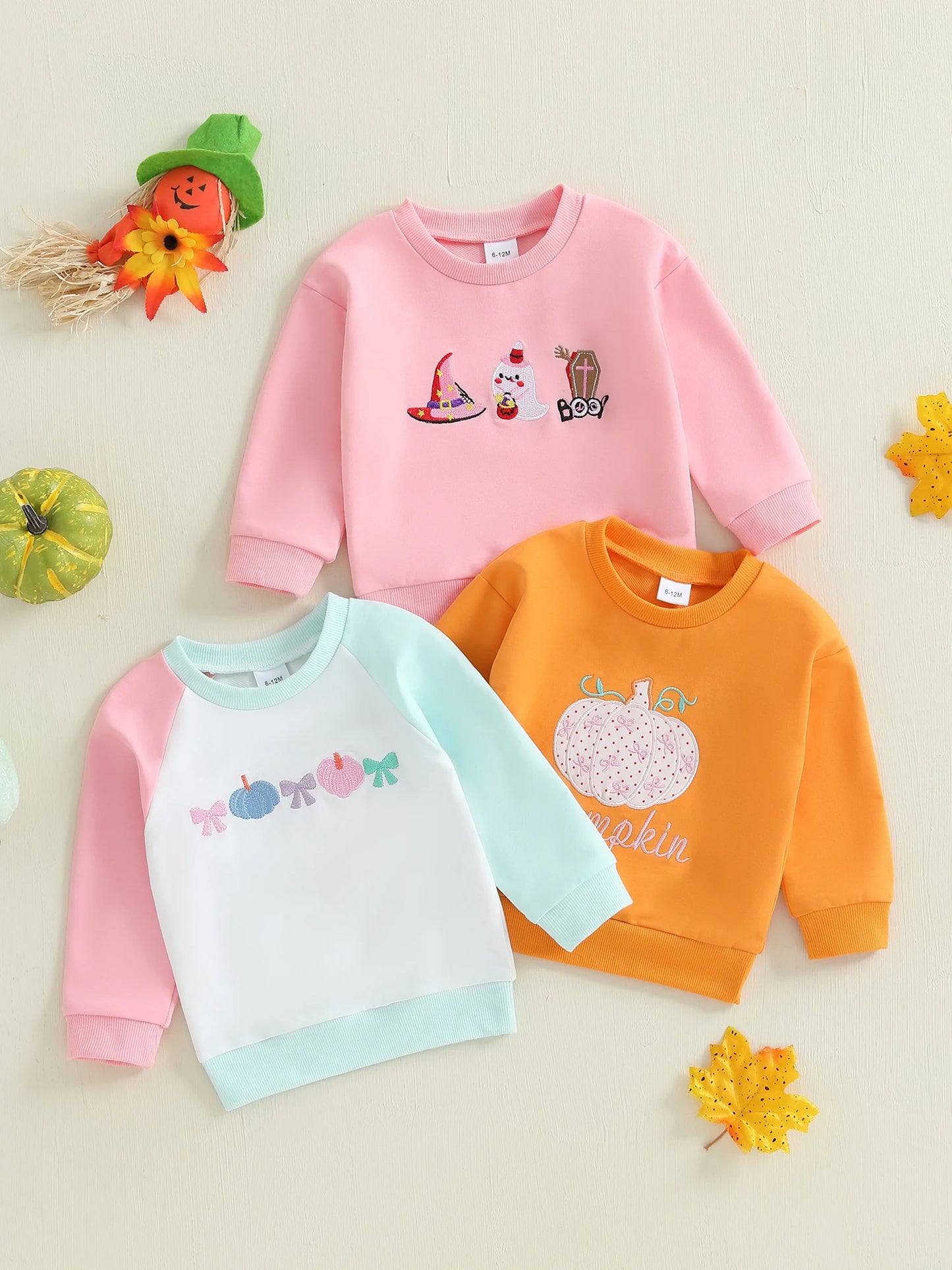 Baby Toddler Boys Girls Long Sleeve Pumpkin/Ghost/Christmas Tree Embroidery Crew Neck Top