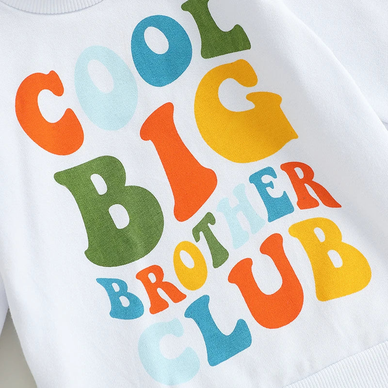 Toddler Kids Boys Cool Big Brother Club Fall Colorful Letter Print Long Sleeve Round Neck Pullover Loose Fall Top