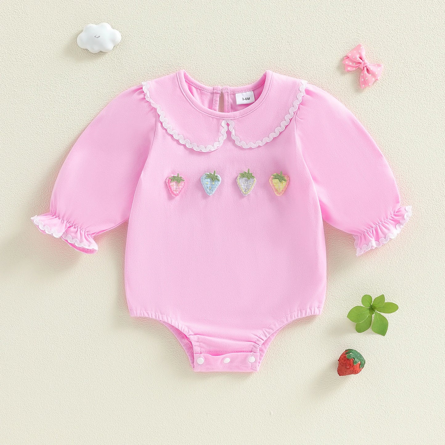 Baby Girls Spring Romper Fashionable Strawberry Flower Embroidery Long Sleeve Ruffled Doll Collar Jumpsuit