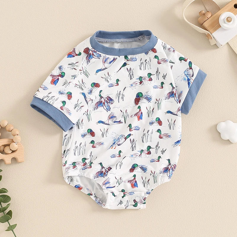 Baby Boy Romper Short Sleeve Crew Neck Duck Bird Print Jumpsuit