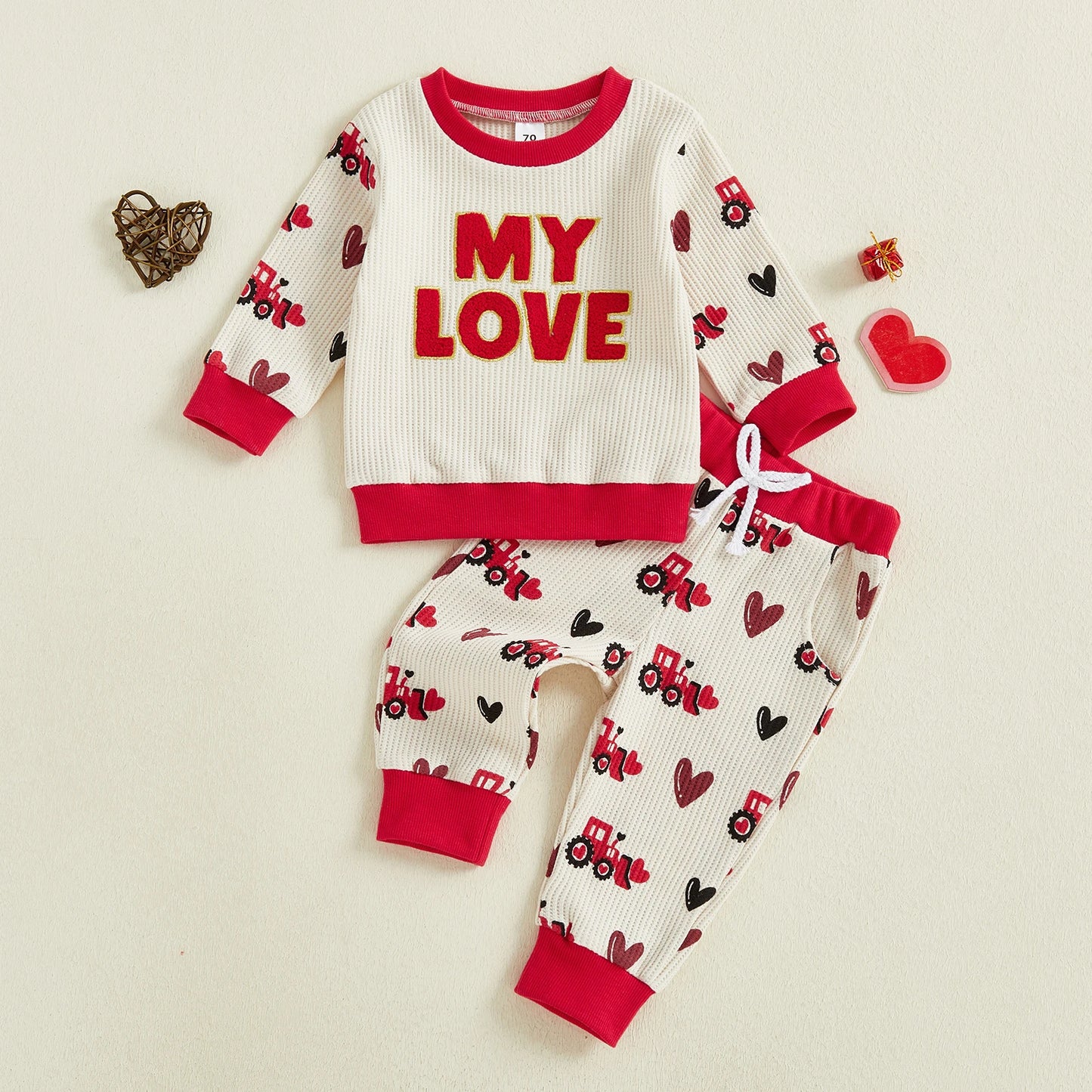 Baby Toddler Boy 2Pcs MY LOVE Valentine's Outfit Letter Embroidery Long Sleeve Crew Neck Pullover Top and Joggers Pants Set