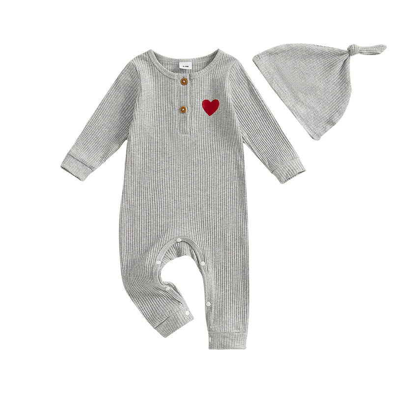 Baby Boys Girls 2Pcs Valentine's Day Heart Print Long Sleeve Ribbed Romper Hat Valentines Outfit Set