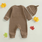 Baby Boys Girls 2Pcs Little Turkey Thanksgiving Outfit Long Sleeve Crew Neck Letter Turkey Embroidery Full Length Romper with Hat Set