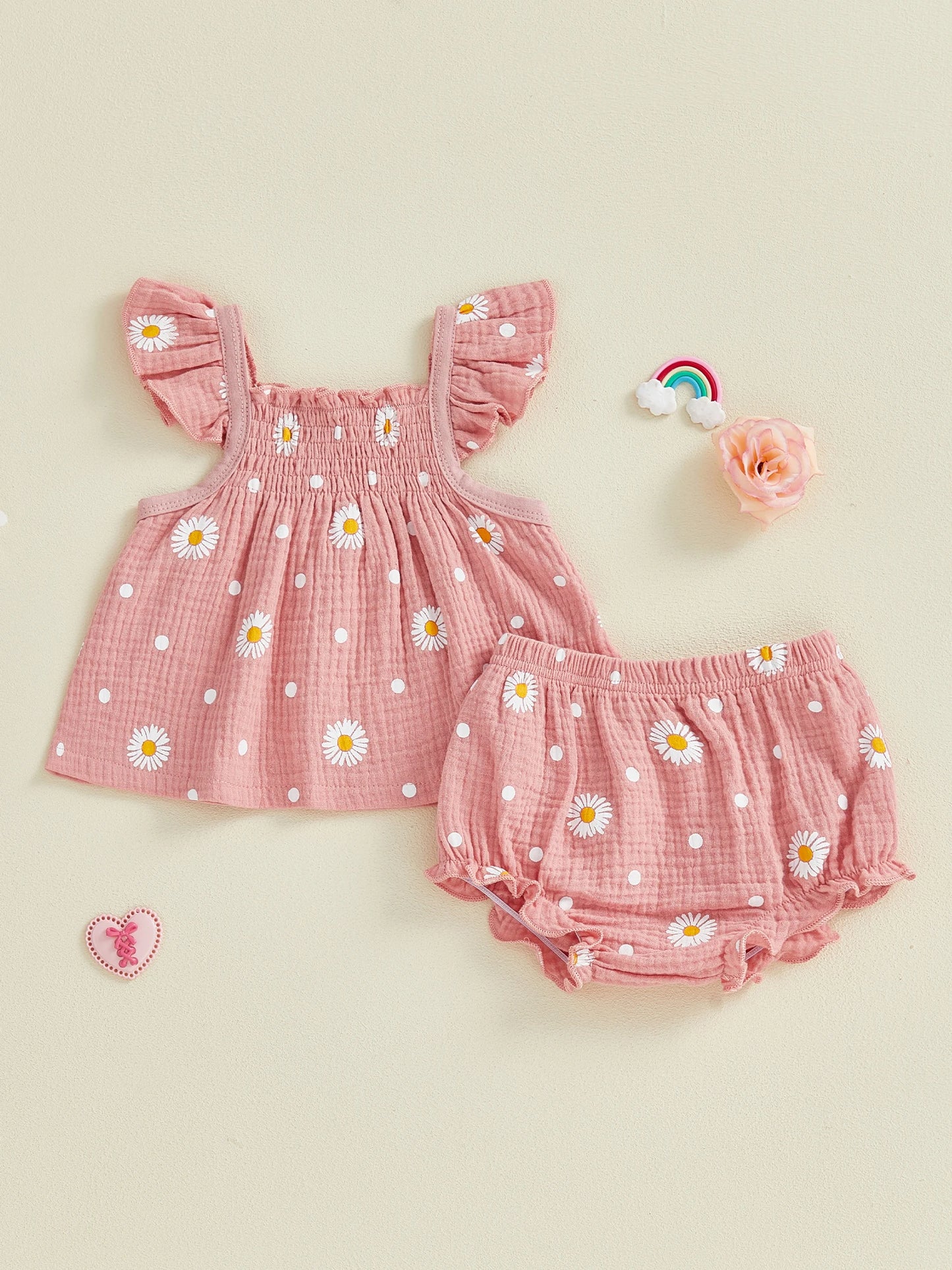 Baby Toddler Girls 2Pcs Summer Outfit Sleeveless Square Collar Daisy Print Ruffled Top and Bloomers Shorts 2 Piece Set