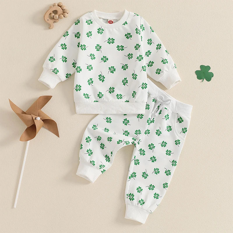 Baby Toddler Girls Boys 2Pcs St. Patrick's Day Outfit Four Leaf Clover Shamrock Print Long Sleeve Crewneck Top and Elastic Pants Jogger Set