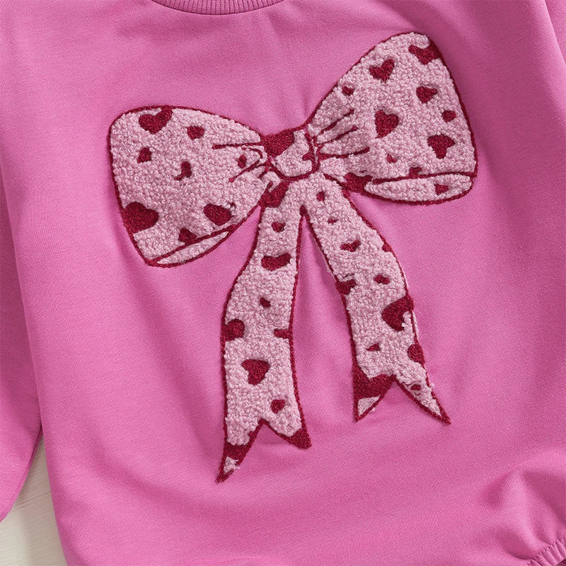 Baby Girls Bubble Romper Heart Bow Embroidery Long Sleeve Jumpsuit Valentine's Day