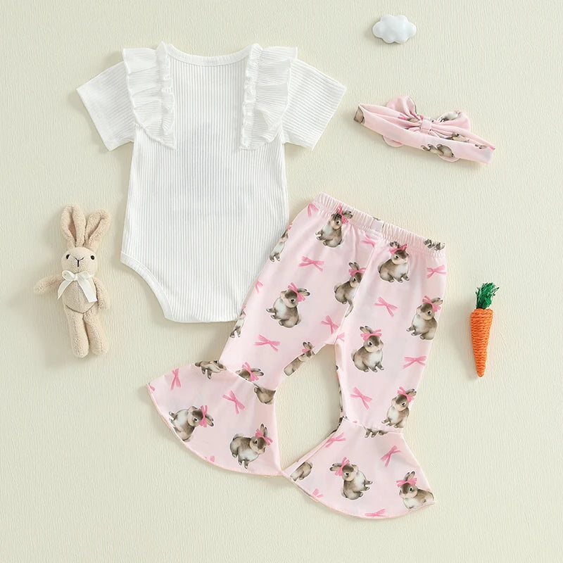 Baby Girls 3Pcs Snuggle Bunny Easter Outfit Short Sleeve Letter Embroidery Romper with Bunny Rabbit Print Flare Pants and Bow Headband Set