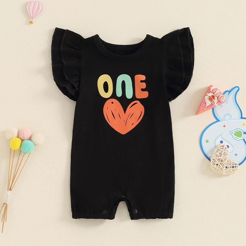 Baby Girls ONE Jumpsuit Fly Sleeve Crew Neck Letters Heart Print Birthday Romper