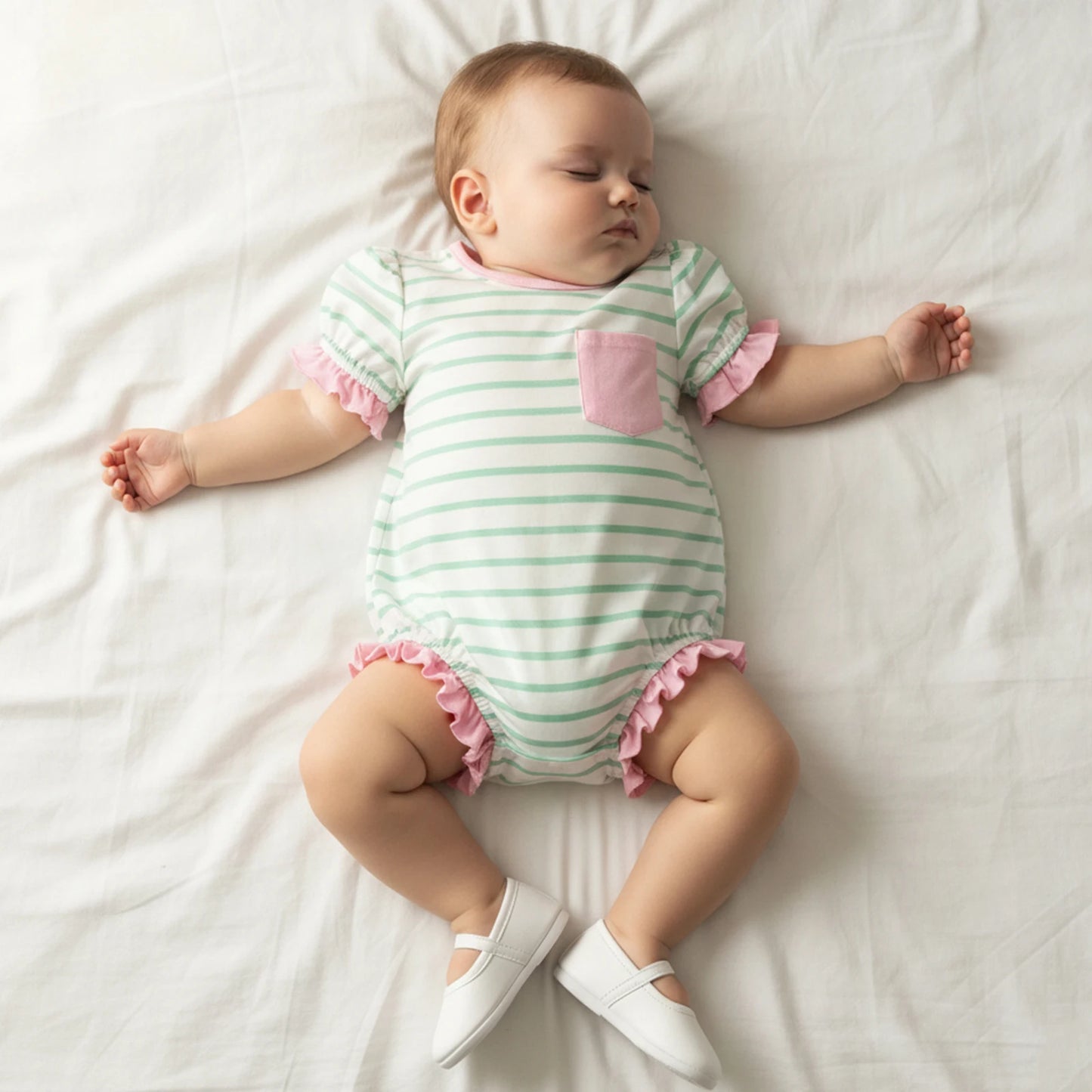 Baby Girl Striped Romper Ruffle Trim Short Sleeve Crewneck Jumpsuit Casual Summer Spring Clothes