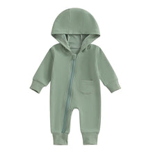 Load image into Gallery viewer, Baby Boys Girls Hooded Jumpsuit Long Sleeve Solid Color Pocket Zipper Romper
