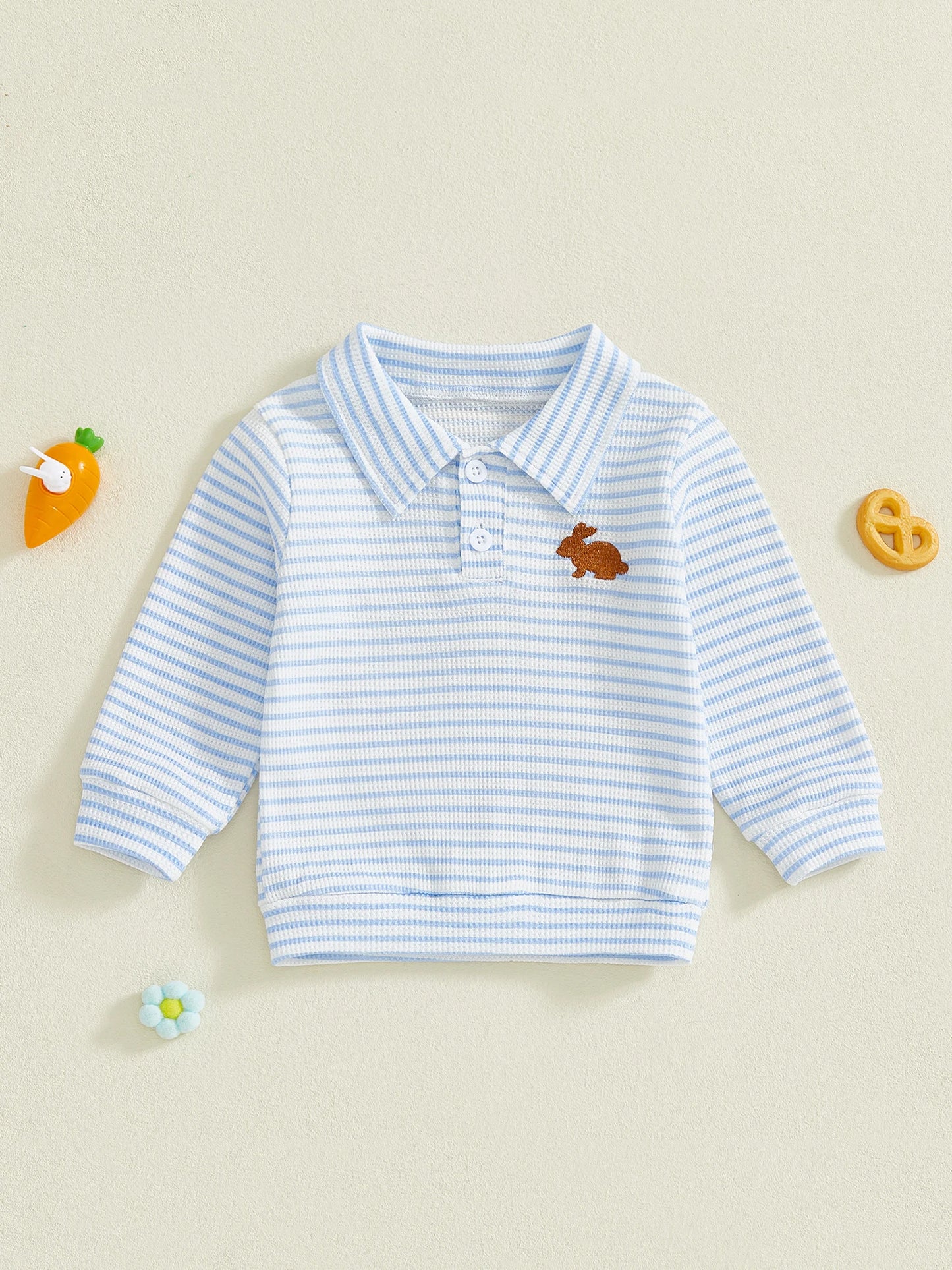baby Toddler Boys Long Sleeve Turn-down Collar Embroidery Rabbit Striped Top Easter Clothes