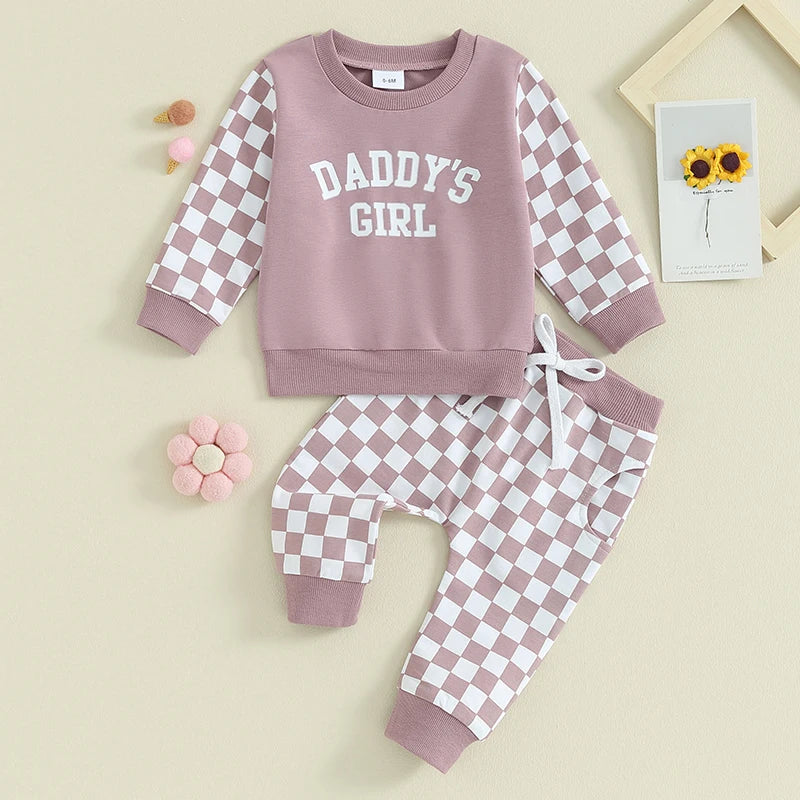 Toddler Baby Girl 2Pcs Daddy‘s Girl Letters Print Checkered Pattern Long Sleeve Crewneck Top Jogger Pants Set Outfit