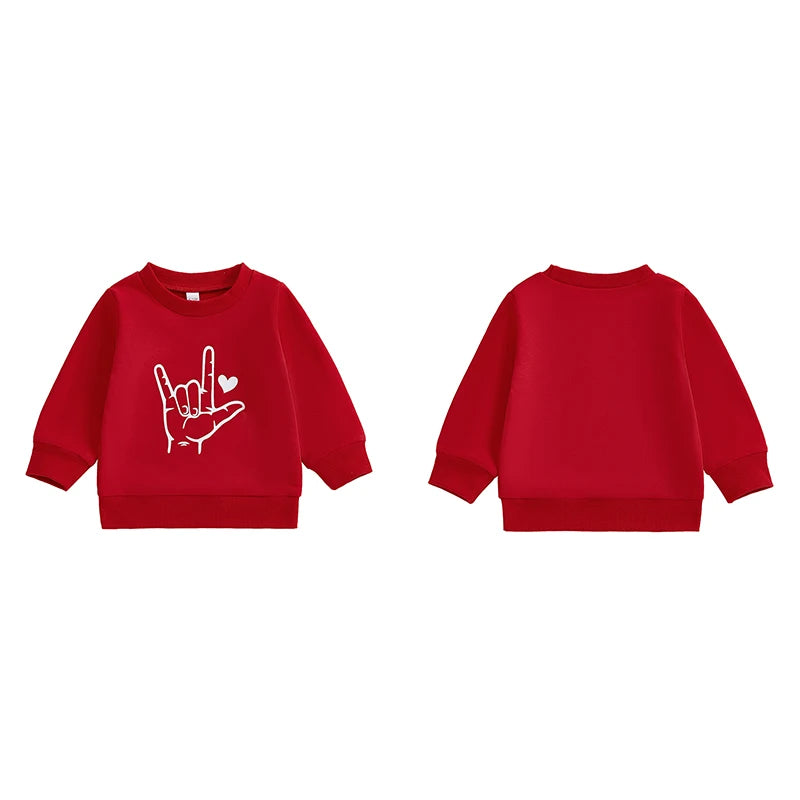 Baby Toddler Girls Boys Love Hand Sign Language Heart Print Long Sleeve Pullover Valentine's Day Valentines Top