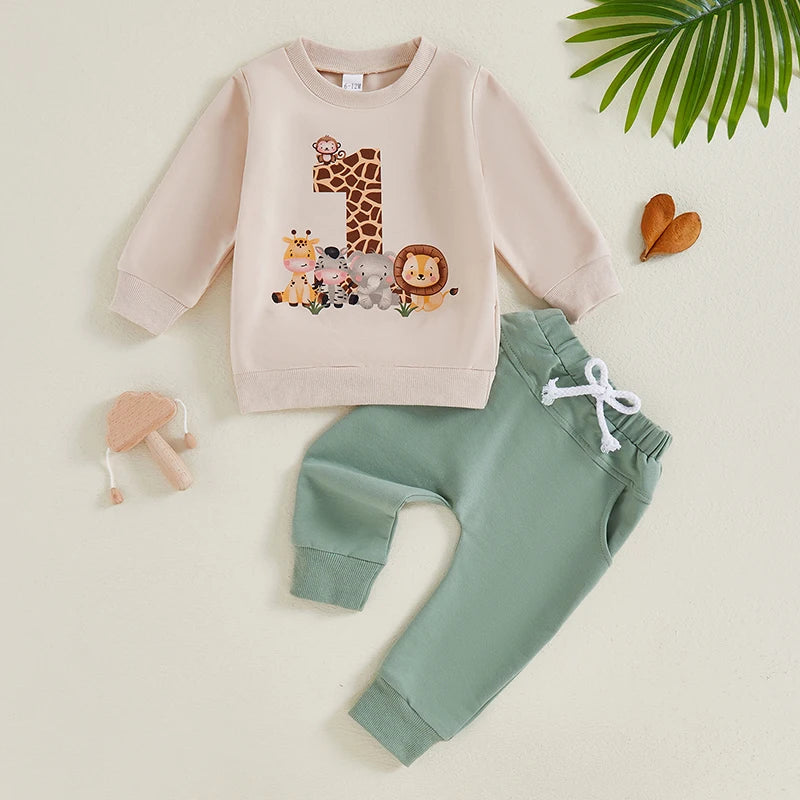 Baby Boys Girls 2Pcs First Birthday 1 One Outfit Animal Print Number Long Sleeve Top Elastic Waist Pants Set for Fall