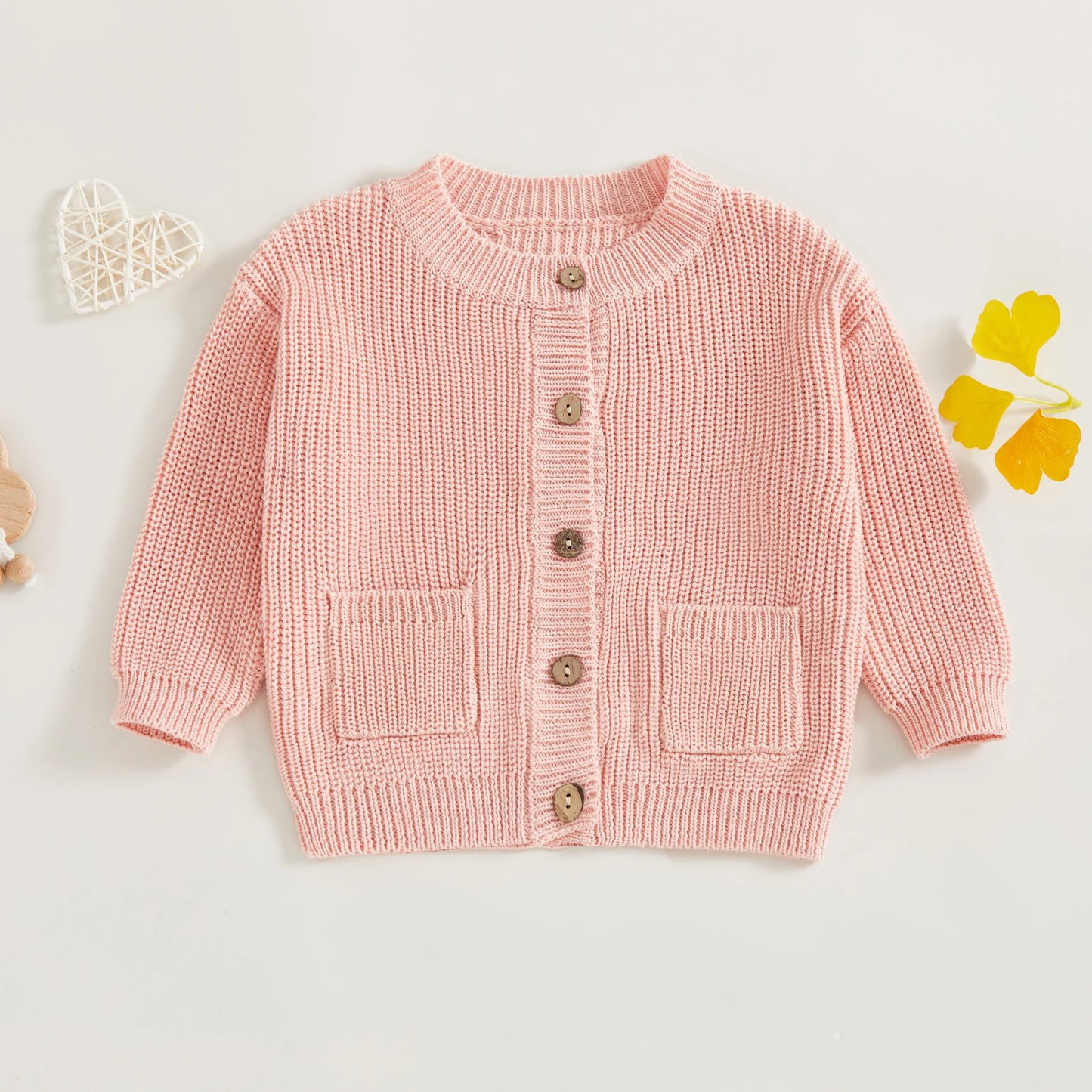 Baby Toddler Girls Boys Knit Cardigan Solid Long Sleeve Crew Neck Button-up Sweater with Pockets Casual Fall Clothes Top