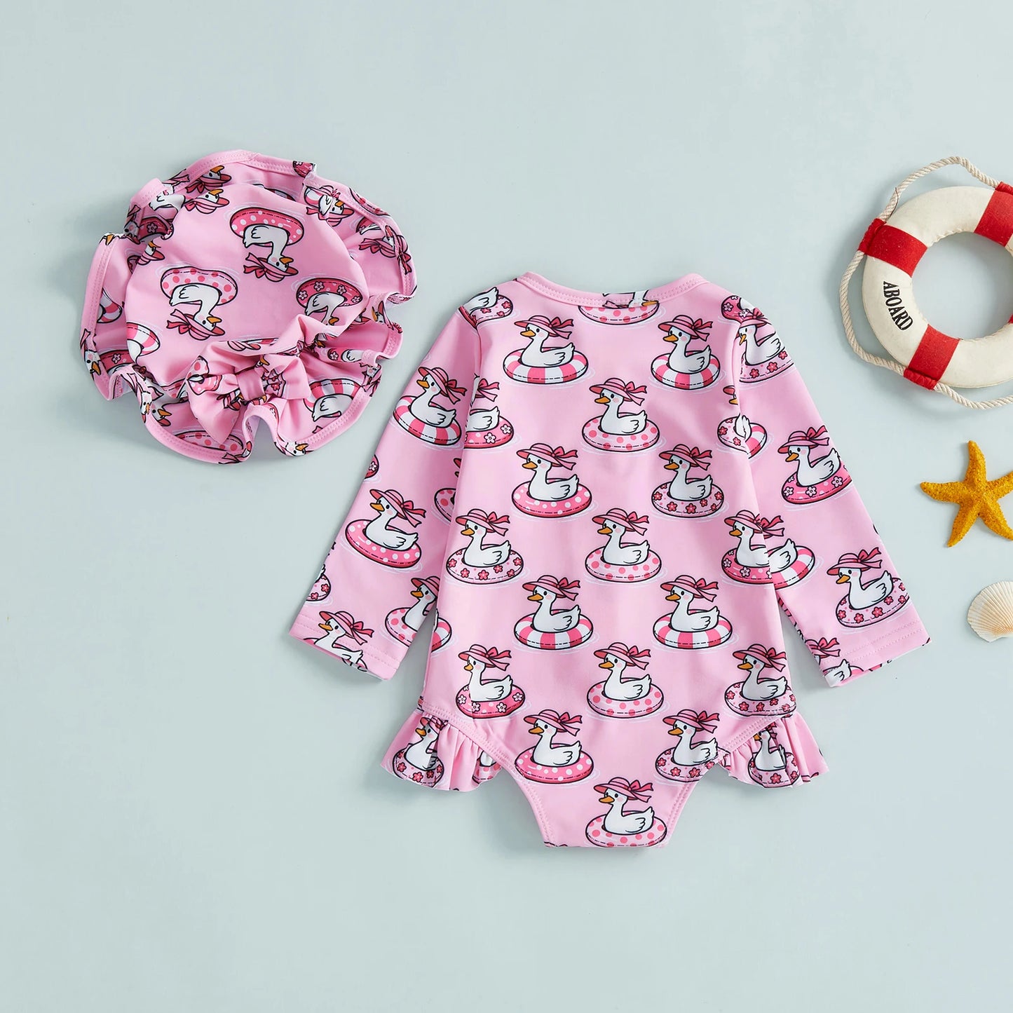 Baby Toddler Girls 2Pcs Swimsuit Set Duck/Shell Print Crew Neck Long Sleeve Zipper Rash Guard Swimwear and Sun Hat