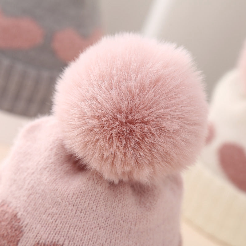 Baby Girl Winter Hat Cute Heart Pattern Plush Pom Pom Knit Beanie Warm