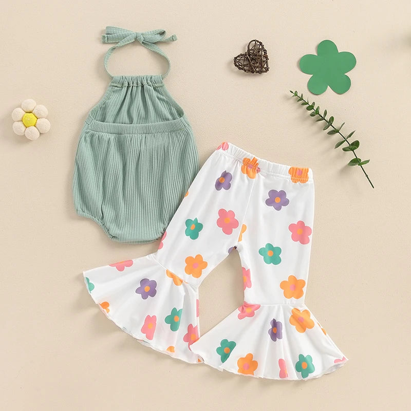 Baby Girl 2Pcs Summer Outfit Tie-Up Halter Neck Sleeveless Romper with Flower Print Flared Pants Set